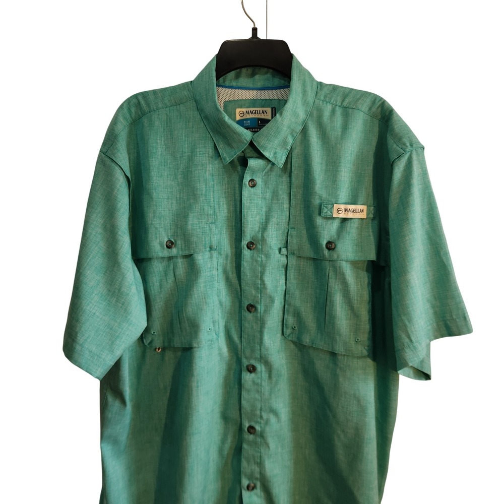 Magellan Outdoors Fish Gear Aransas Pass Fishing Shirt Mens Large Teal Green SS